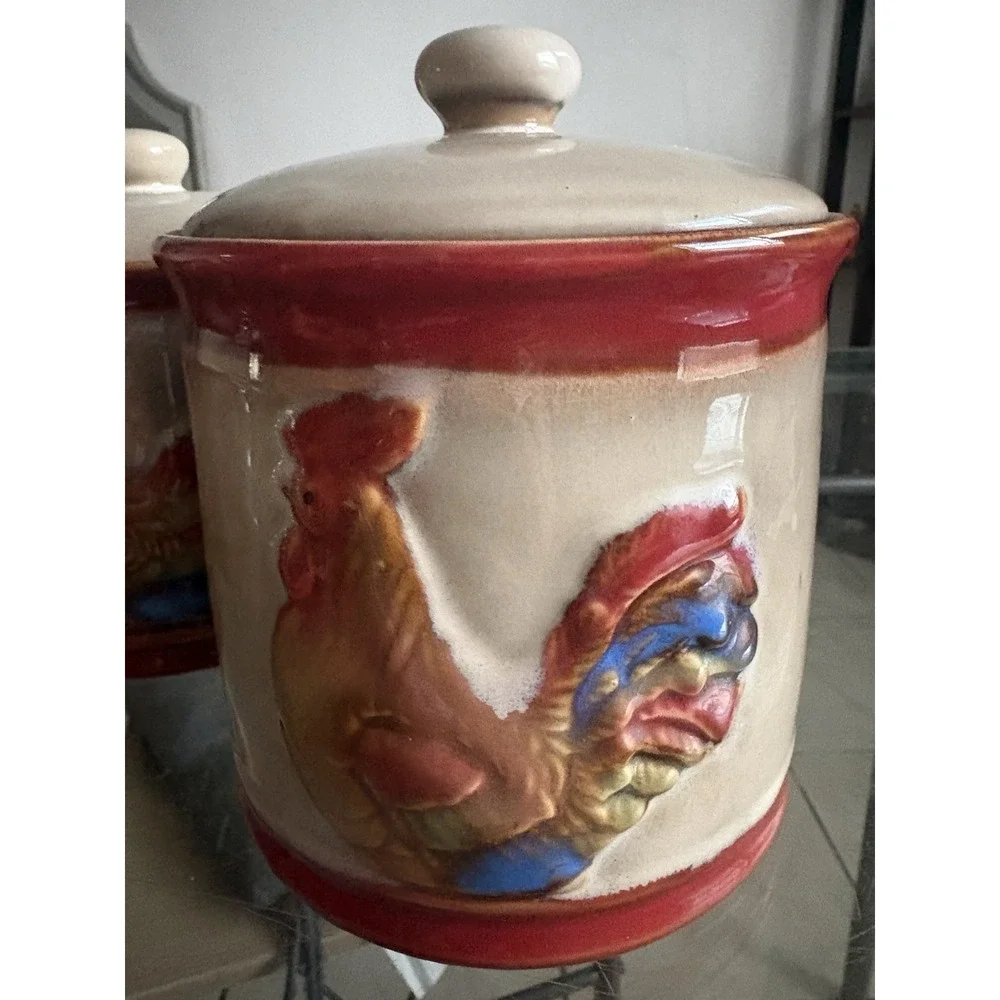 Vintage Ceramic Rooster Canister Set of 3 Drip Glaze Farmhouse Kitchen Jars